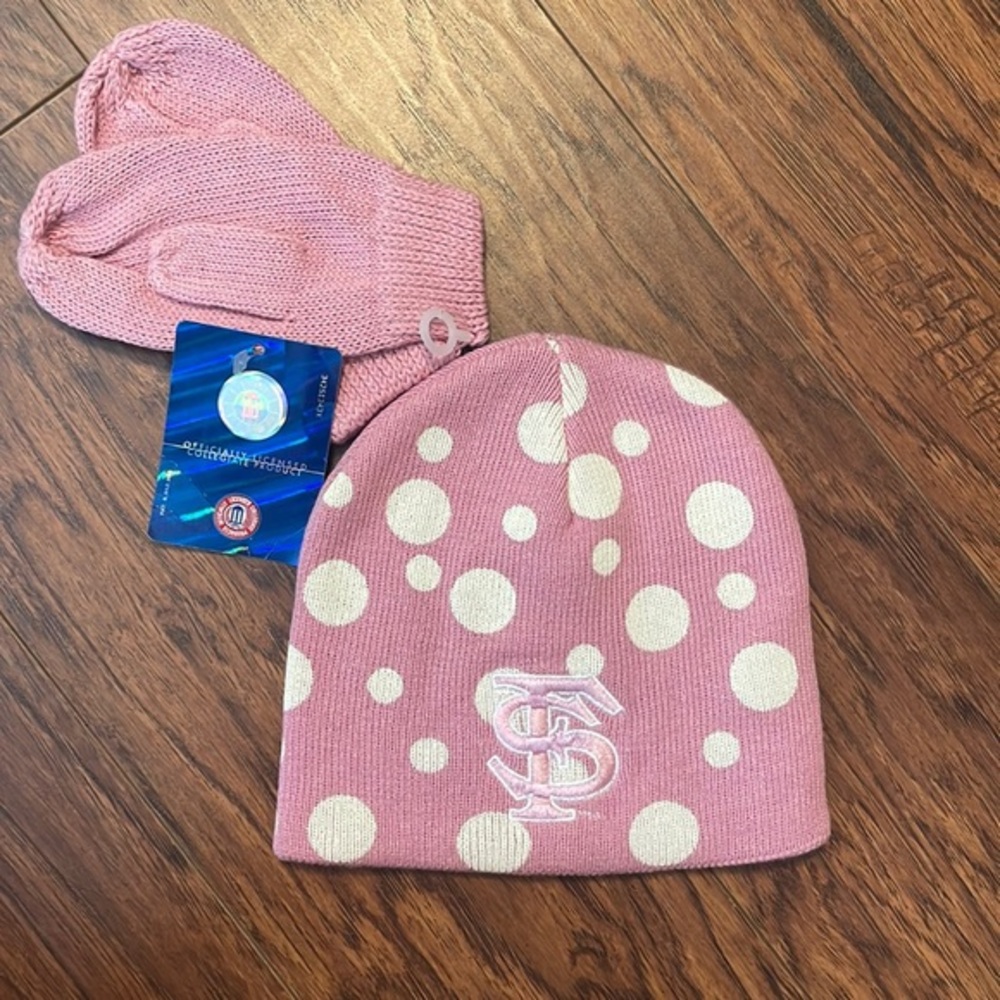 FSU beanie hat & mittens. Pink w/ polka dots Monogrammed logo, GO NOLES!
